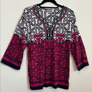 JM Collection Tunic Top, Hot Pink and Navy Print with White Beading, Size Medium